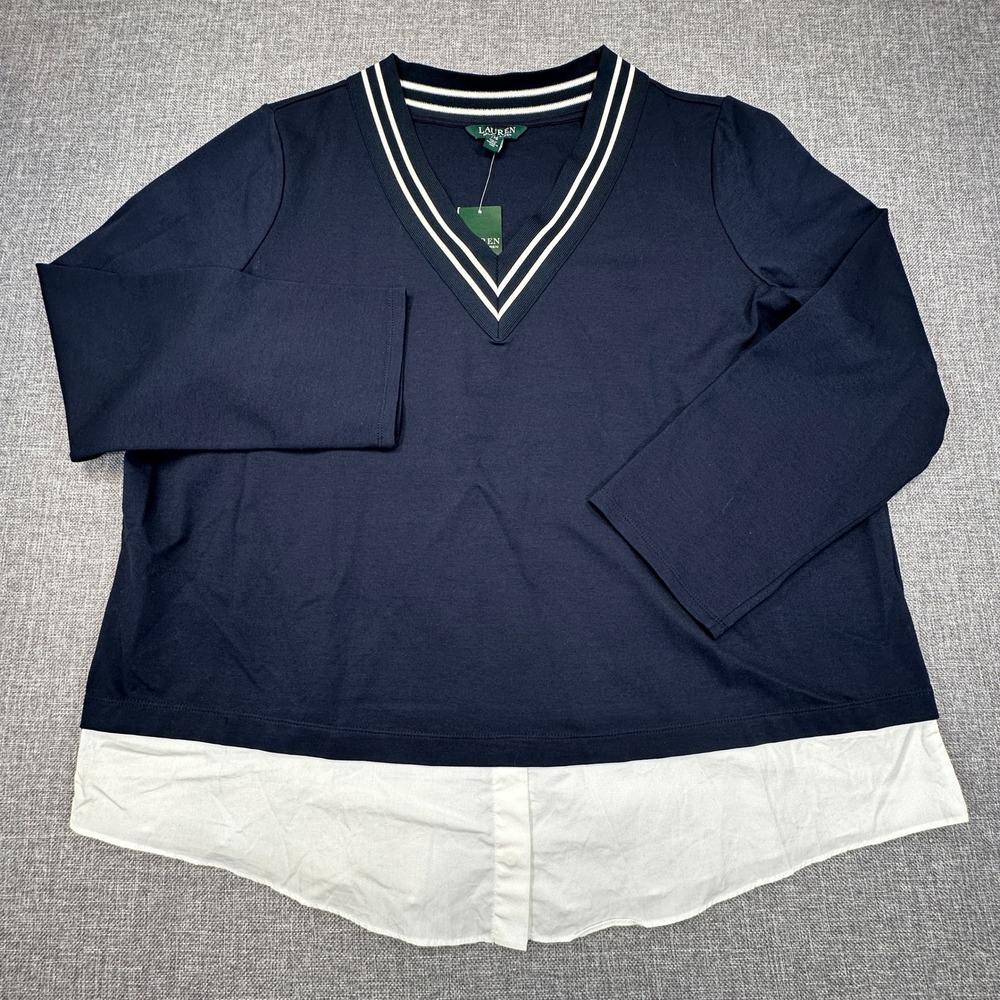 Lauren Ralph Lauren Sweater Women 2X Navy V-Neck Layered Look Preppy Varsity NEW